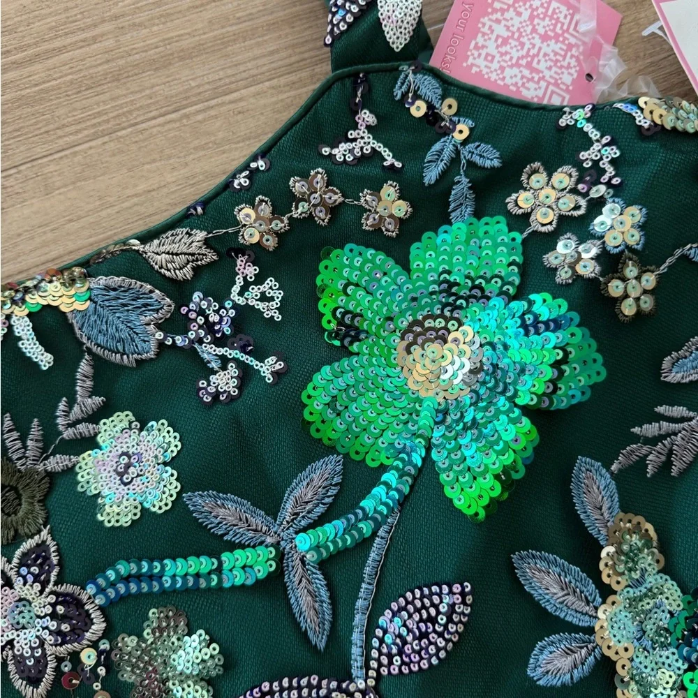 Rare Editions Emerald Green Floral Sequin Party Dress